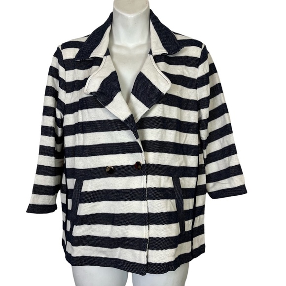 Chico's Jackets & Blazers - CHICO'S ZENERGY Navy Blue White Double Breasted Knit Blazer Jacket Cotton sz 1